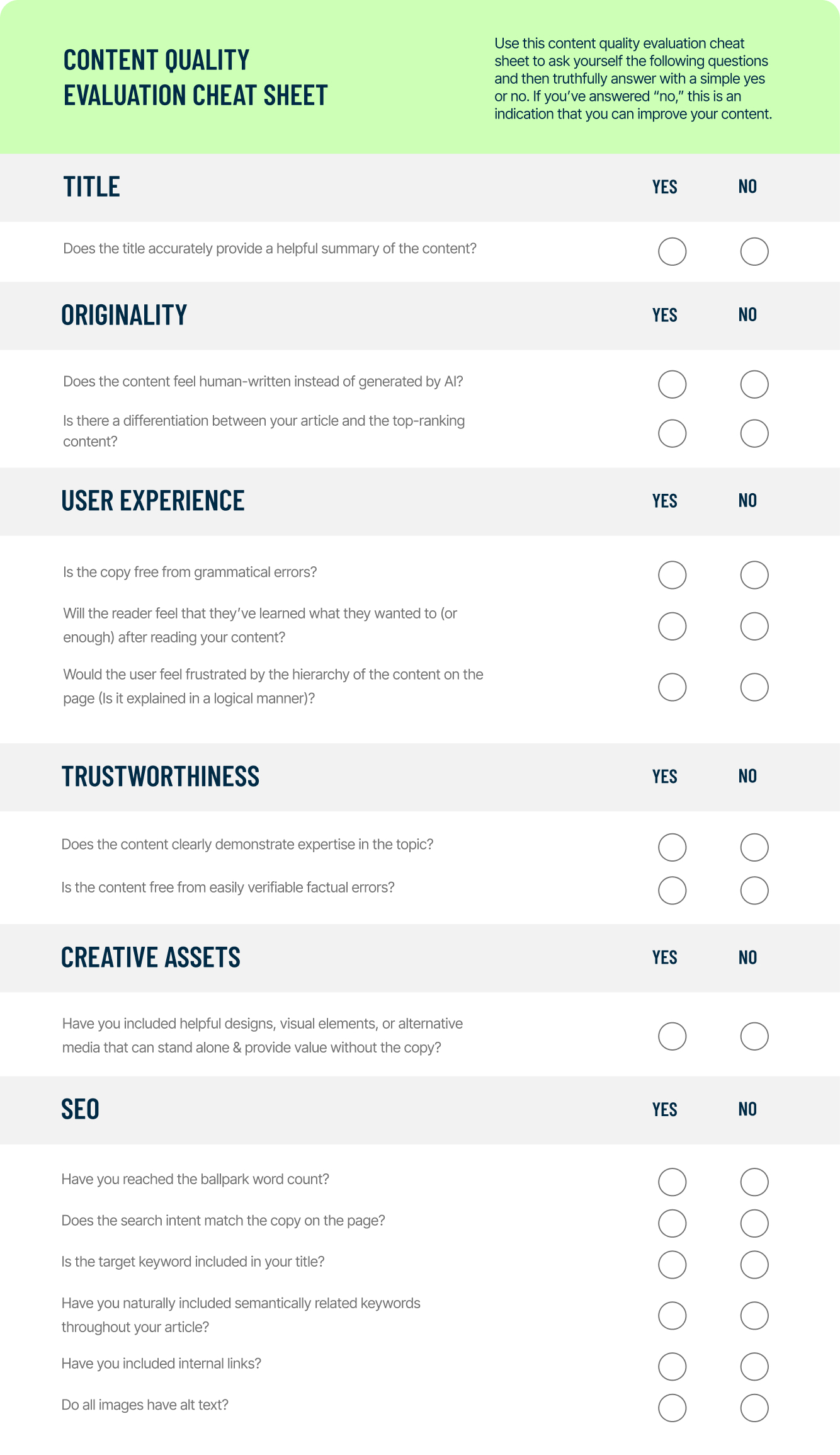 Content Assessment Cheatsheet