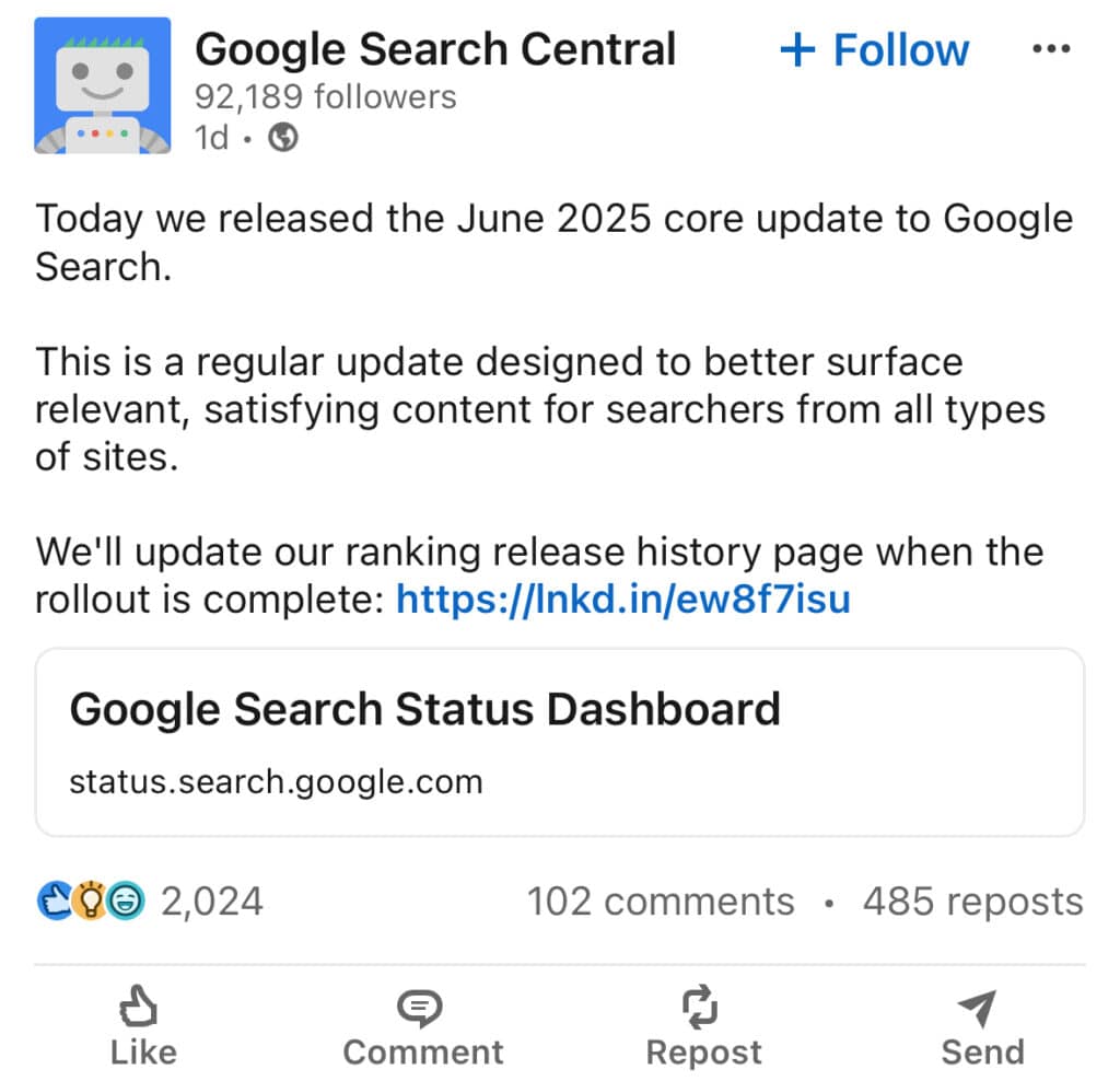 Google Search Central's June 2025 Core Update Announcement via LinkedIn